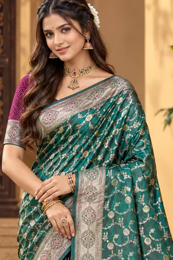 sangam prints peacock green silk blend woven work traditional saree