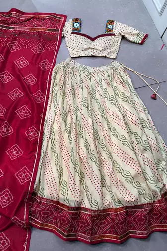 Women Bandhej Print Tasar Silk Lehenga Choli Set with Gamthi Embroidery Blouse - Free Size