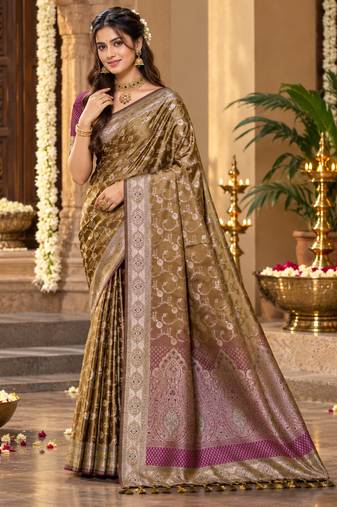 sangam prints antique gold silk blend woven work traditional saree