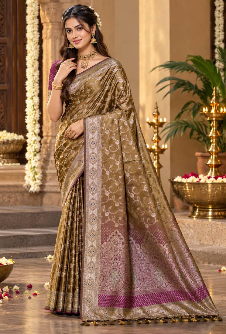 sangam prints antique gold silk blend woven work traditional saree