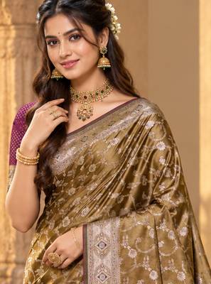 sangam prints antique gold silk blend woven work traditional saree 2