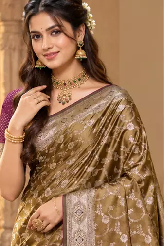 sangam prints antique gold silk blend woven work traditional saree