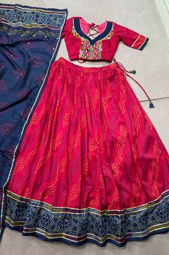 Women Bandhej Print Tasar Silk Lehenga Choli Set with Gamthi Embroidery Blouse - Free Size