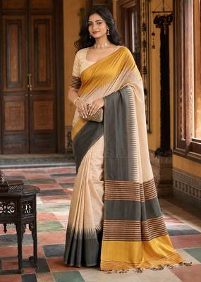 sangam prints mustard yellow slub silk blend woven work traditional saree 1
