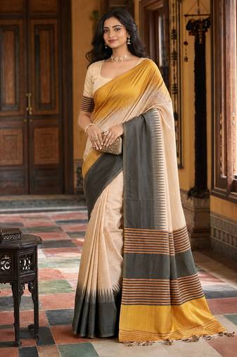 sangam prints mustard yellow slub silk blend woven work traditional saree