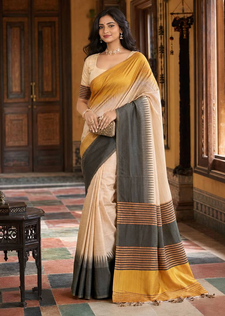 sangam prints mustard yellow slub silk blend woven work traditional saree