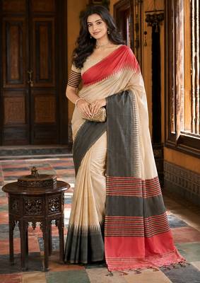 sangam prints beige  charcoal grey slub silk blend woven work traditional saree 1