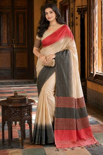 sangam prints beige  charcoal grey slub silk blend woven work traditional saree