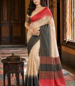 sangam prints beige  charcoal grey slub silk blend woven work traditional saree
