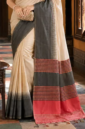 sangam prints beige  charcoal grey slub silk blend woven work traditional saree