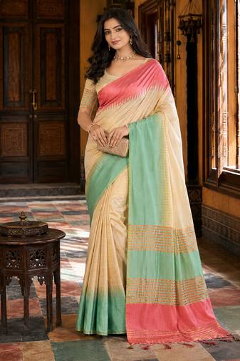 sangam prints cream mint green slub silk blend woven work traditional saree