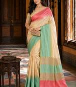 sangam prints cream mint green slub silk blend woven work traditional saree