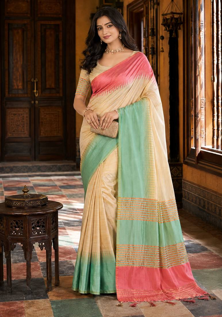 sangam prints cream mint green slub silk blend woven work traditional saree