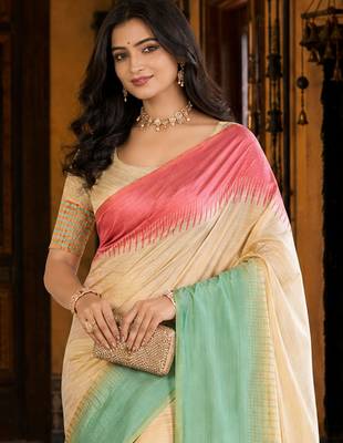 sangam prints cream mint green slub silk blend woven work traditional saree 2