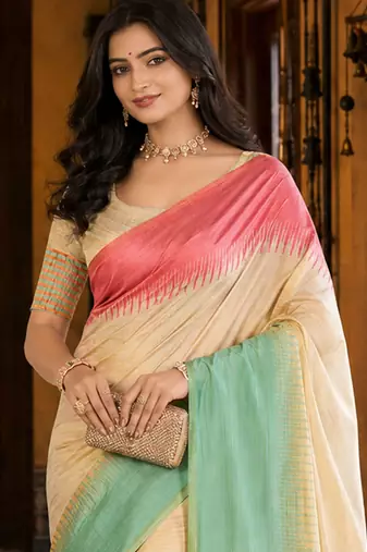 sangam prints cream mint green slub silk blend woven work traditional saree