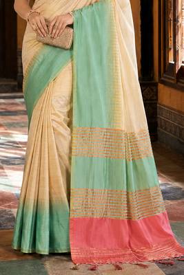 sangam prints cream mint green slub silk blend woven work traditional saree 3