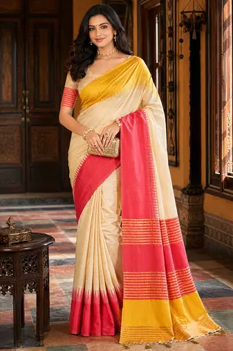 sangam prints ivory coral pink slub silk blend woven work traditional saree