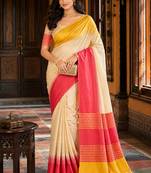 sangam prints ivory coral pink slub silk blend woven work traditional saree