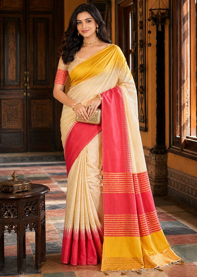 sangam prints ivory coral pink slub silk blend woven work traditional saree