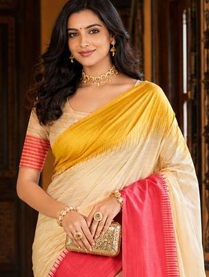 sangam prints ivory coral pink slub silk blend woven work traditional saree 2
