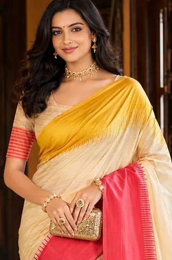 sangam prints ivory coral pink slub silk blend woven work traditional saree