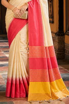 sangam prints ivory coral pink slub silk blend woven work traditional saree 3
