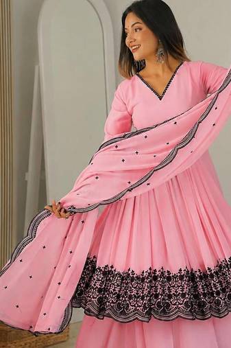 Women pink gorgette embroidery work detailing kurta set with dupatta