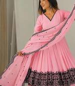 Women pink gorgette embroidery work detailing kurta set with dupatta