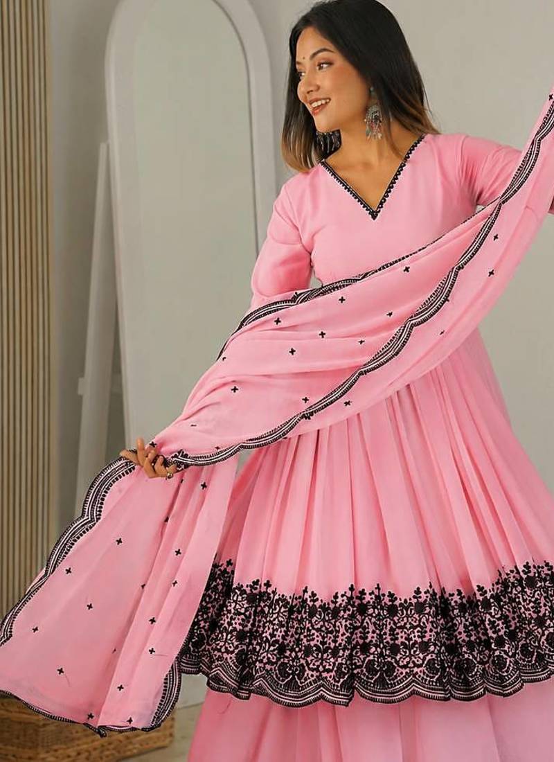 Women pink gorgette embroidery work detailing kurta set with dupatta
