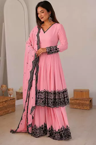 Women pink gorgette embroidery work detailing kurta set with dupatta