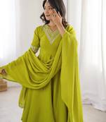 Women green silk embroidery work detailing kurta set with dupatta