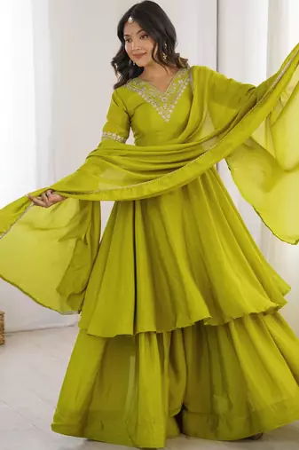 Women green silk embroidery work detailing kurta set with dupatta