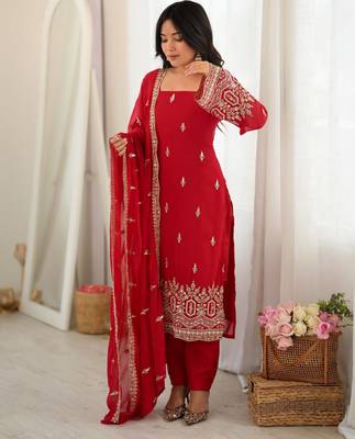 Women red gorgette embroidery work detailing kurta set with dupatta 1