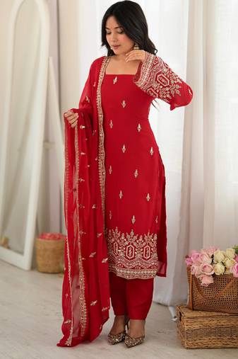 Women red gorgette embroidery work detailing kurta set with dupatta