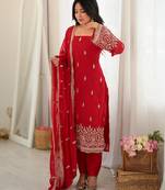 Women red gorgette embroidery work detailing kurta set with dupatta