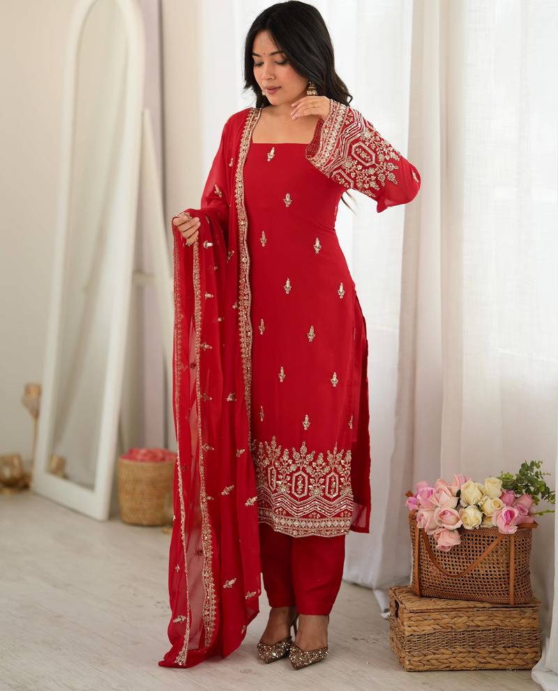 Women red gorgette embroidery work detailing kurta set with dupatta