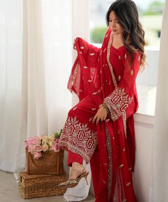 Women red gorgette embroidery work detailing kurta set with dupatta 2