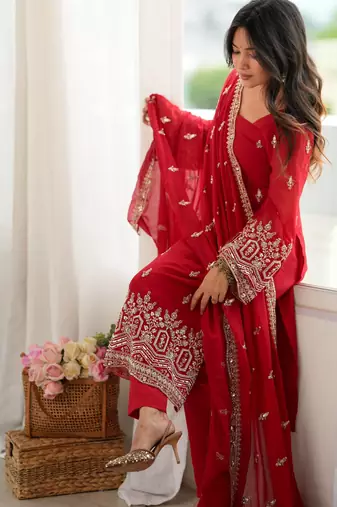 Women red gorgette embroidery work detailing kurta set with dupatta