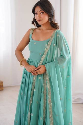 Women rama blue gorgette embroidery work detailing kurta set with dupatta