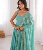 Women rama blue gorgette embroidery work detailing kurta set with dupatta