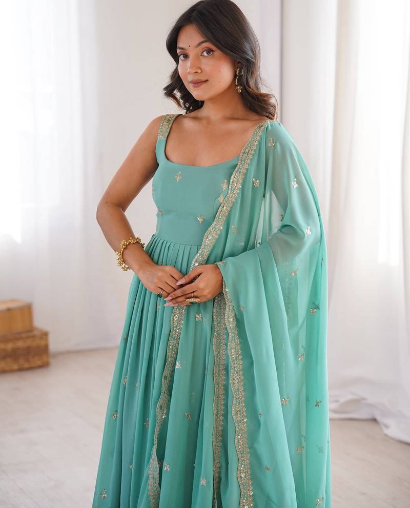 Women rama blue gorgette embroidery work detailing kurta set with dupatta