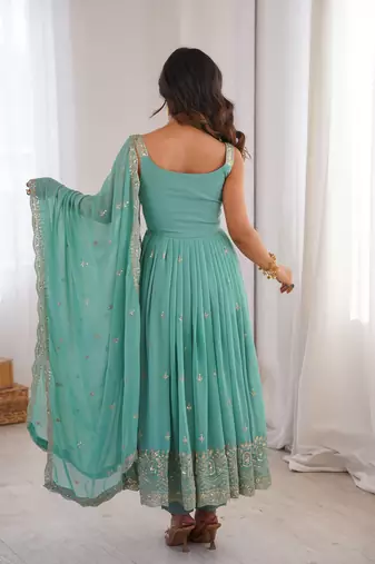 Women rama blue gorgette embroidery work detailing kurta set with dupatta