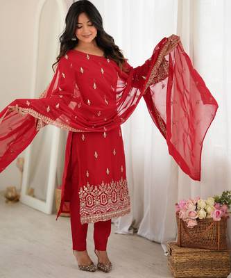 Women red gorgette embroidery work detailing kurta set with dupatta 4