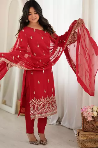 Women red gorgette embroidery work detailing kurta set with dupatta