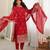 Women red gorgette embroidery work detailing kurta set with dupatta