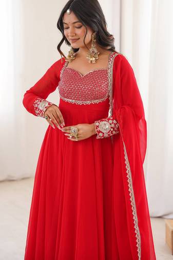 Women red gorgette embroidery work detailing kurta set with dupatta