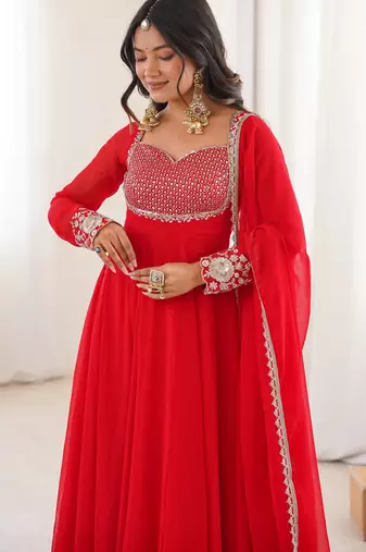 Women red gorgette embroidery work detailing kurta set with dupatta