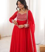 Women red gorgette embroidery work detailing kurta set with dupatta