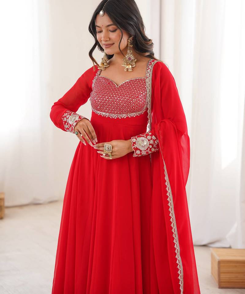 Women red gorgette embroidery work detailing kurta set with dupatta
