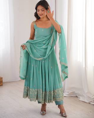 Women rama blue gorgette embroidery work detailing kurta set with dupatta 3